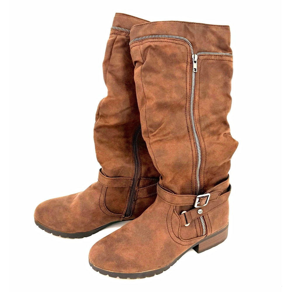 Womens Brown Knee High Moto Riding Boots Size 9 M Buckle Zip Lug Sole